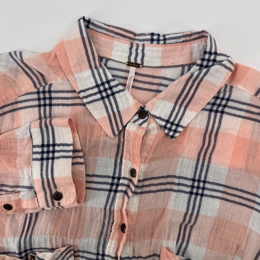 Free People Button Down Womens M Pink Plaid Embroidered Mixed Media‎ Shirt